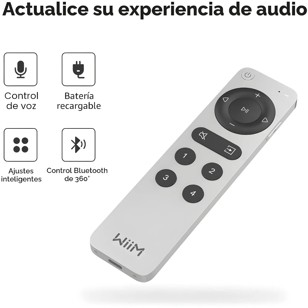 WiiM Remote II Plata, vista frontal: mando alargado con rueda de navegación, botones mute, entrada y teclas 1-4 - Ítem7