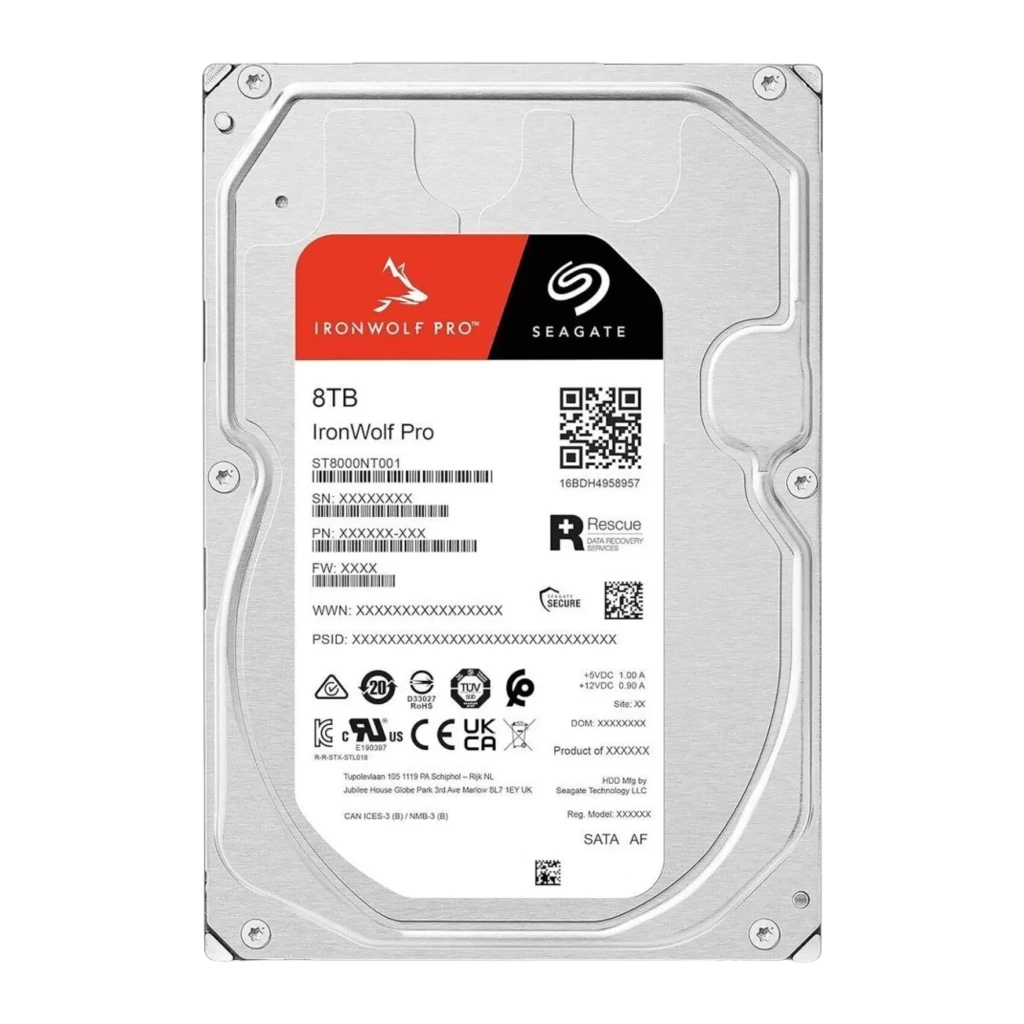 Seagate IronWolf Pro ST8000NT001 8TB, vista frontal: etiqueta negra, verde y roja con logo lobo y capacidad 8TB - Ítem2