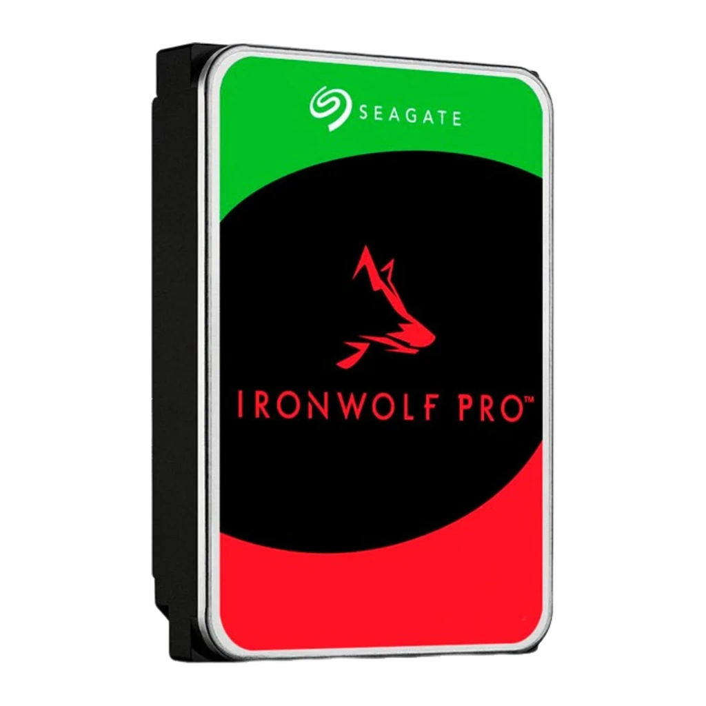 Seagate IronWolf Pro ST8000NT001 8TB, vista frontal: etiqueta negra, verde y roja con logo lobo y capacidad 8TB - Ítem1