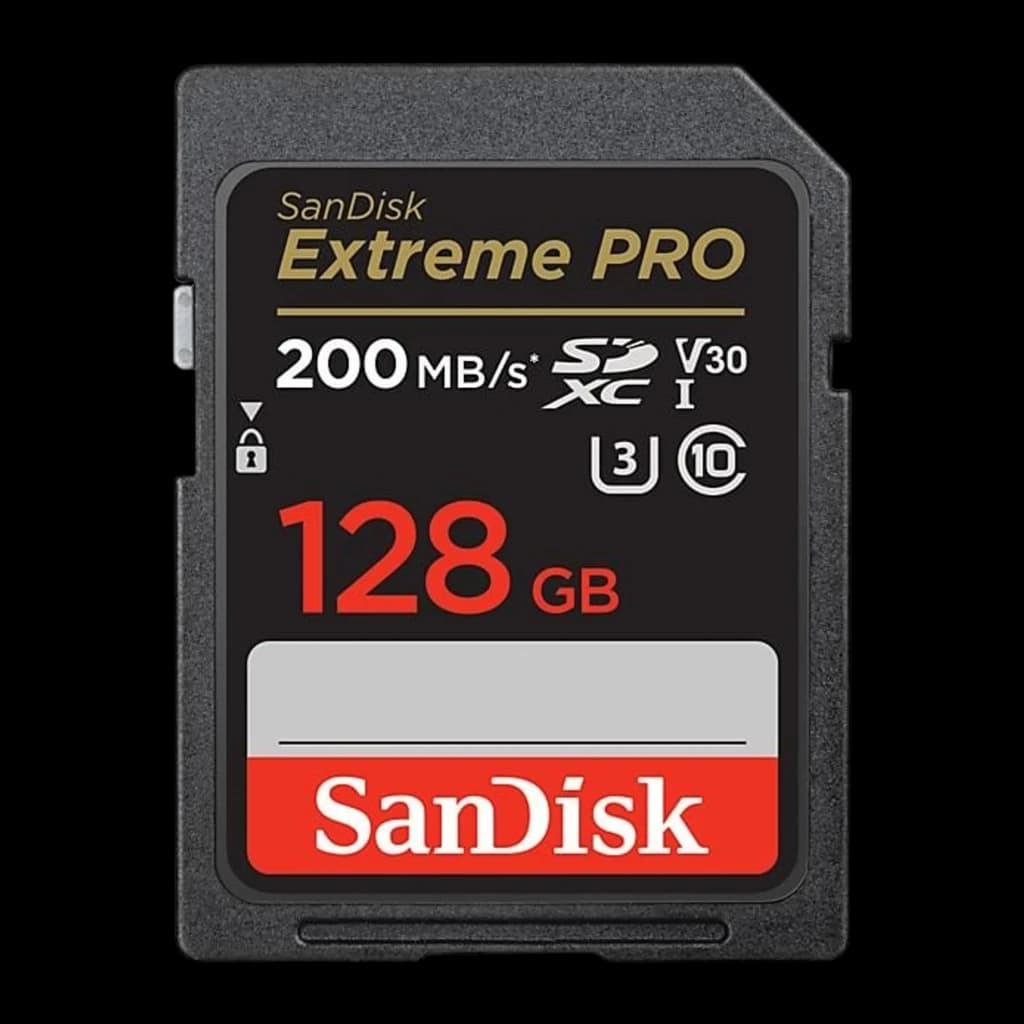 SanDisk Extreme PRO SDXC UHS-I 128GB noir, vue de face: face principale avec logo, 200MB/s, 128GB et certifications V30 U3