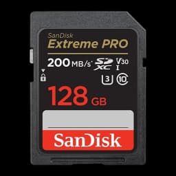 SanDisk Extreme PRO SDXC UHS-I 128GB noir, vue de face: face principale avec logo, 200MB/s, 128GB et certifications V30 U3