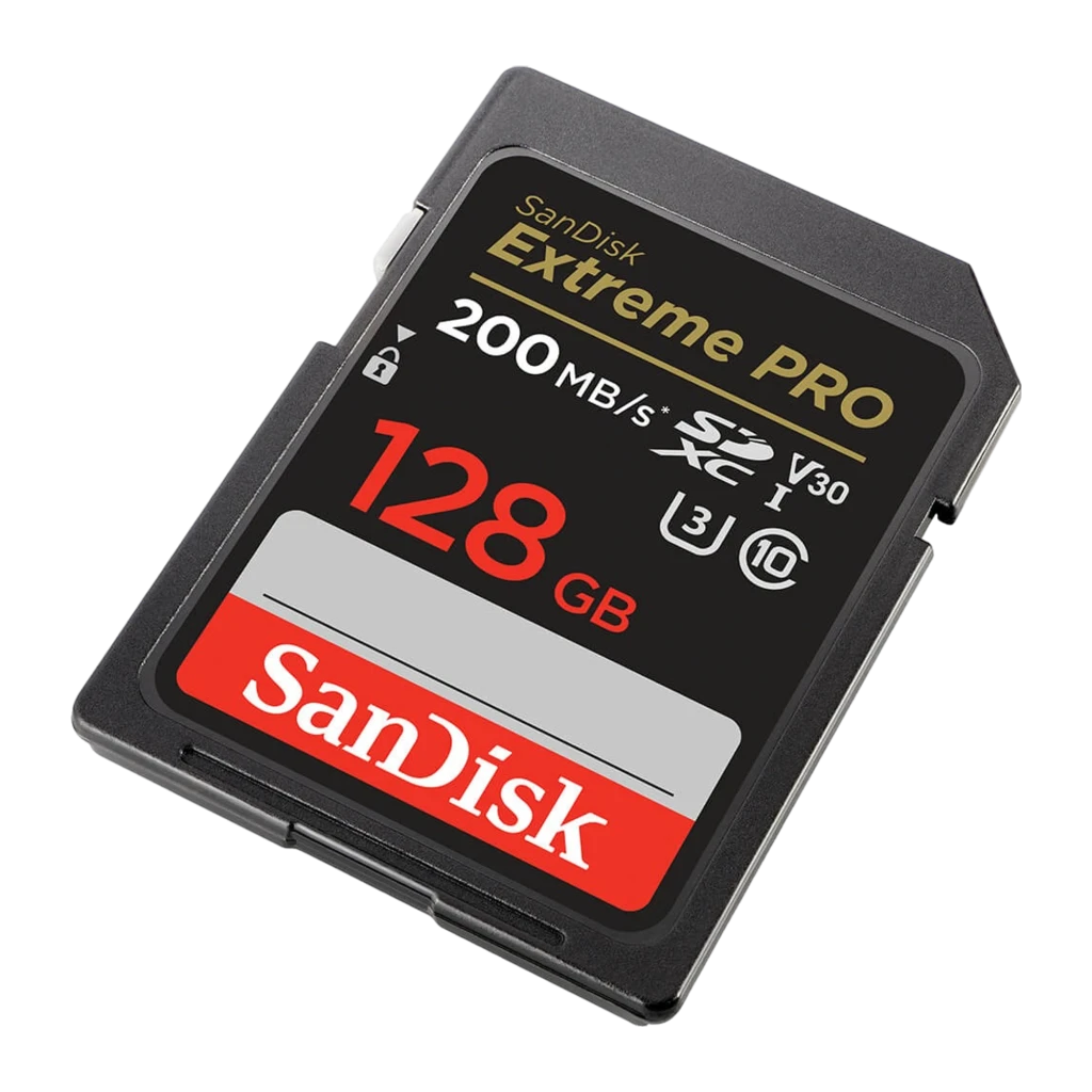 SanDisk Extreme PRO SDXC UHS-I 128GB negro, vista frontal: cara principal con logo, 200MB/s, 128GB y certificaciones V30 U3 - Ítem1