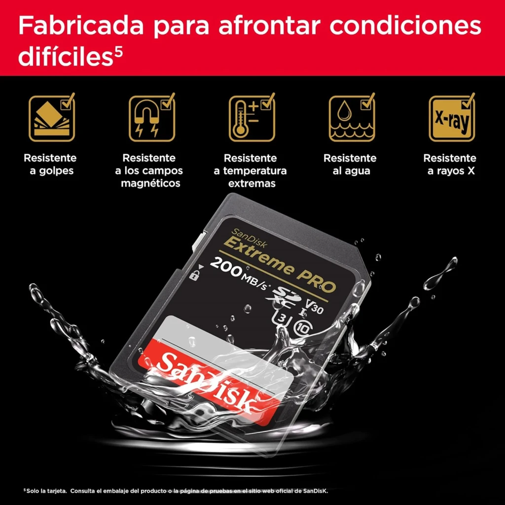 SanDisk Extreme PRO SDXC UHS-I 128GB negro, vista frontal: cara principal con logo, 200MB/s, 128GB y certificaciones V30 U3 - Ítem4