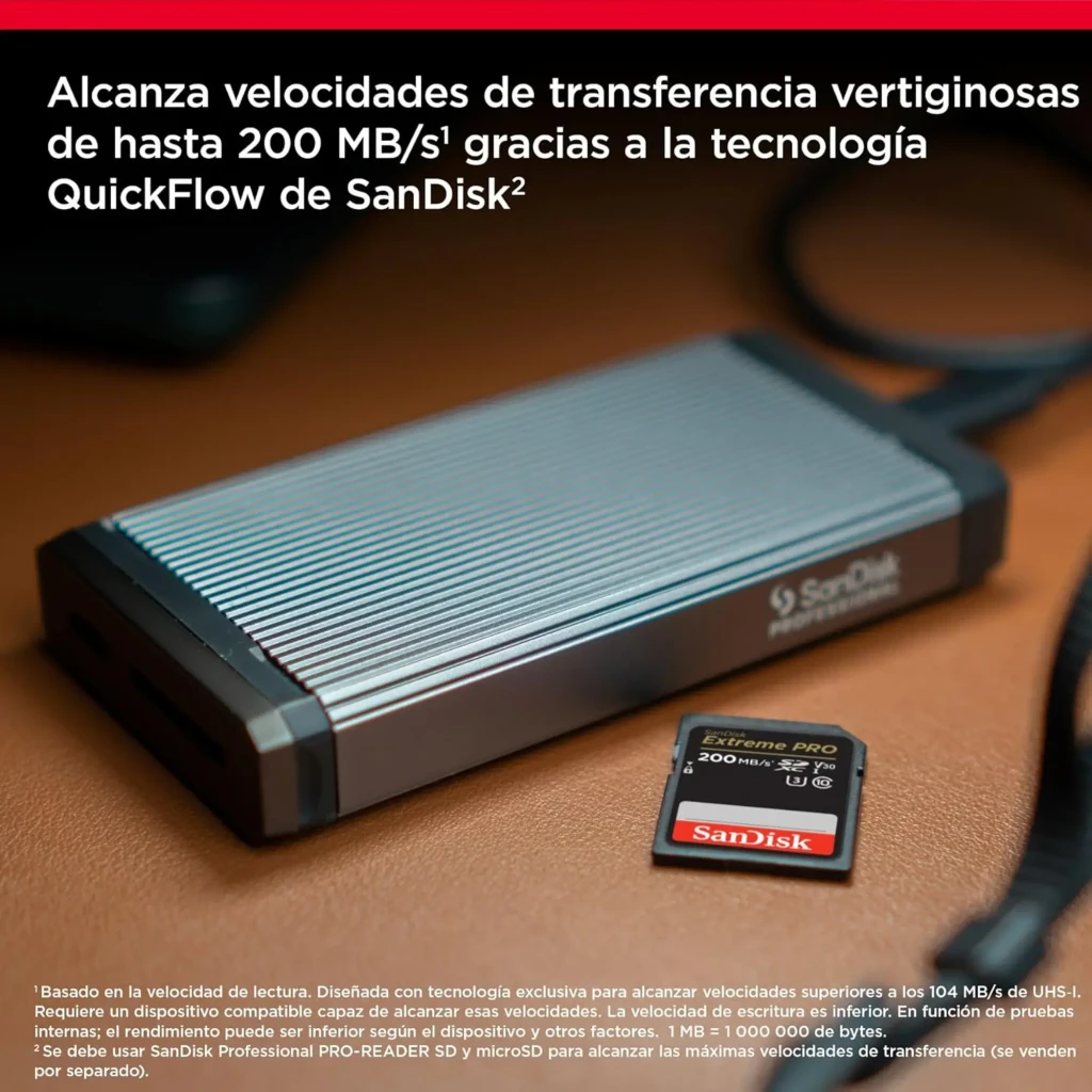 SanDisk Extreme PRO SDXC UHS-I 128GB negro, vista frontal: cara principal con logo, 200MB/s, 128GB y certificaciones V30 U3 - Ítem2