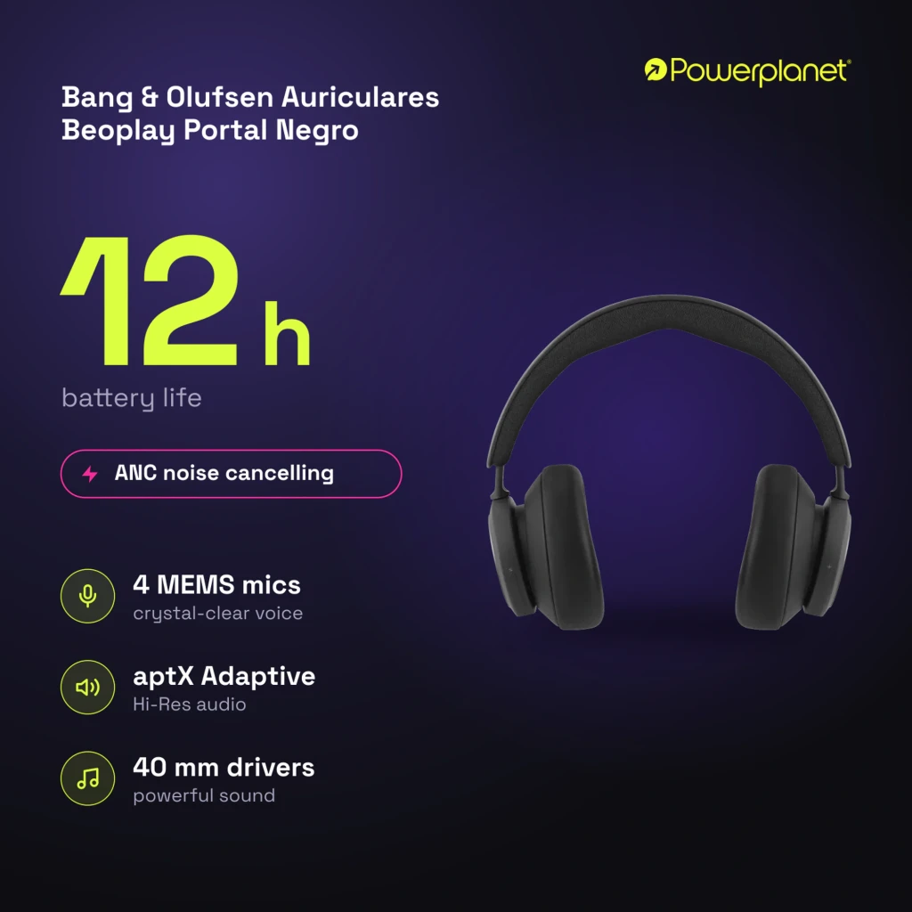 Bang & Olufsen Beoplay Portal noir, vue latérale: casque over-ear avec disque argenté et logo B&O sur fond sombre - Ítem10