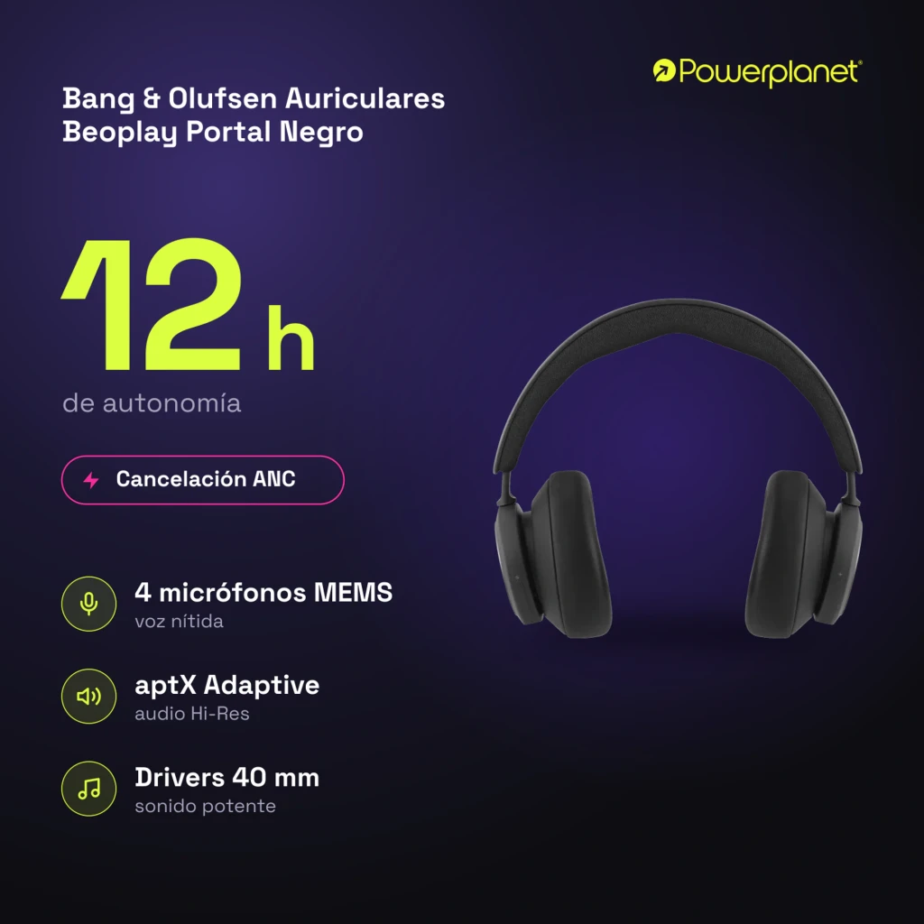 Bang & Olufsen Beoplay Portal noir, vue latérale: casque over-ear avec disque argenté et logo B&O sur fond sombre - Ítem7