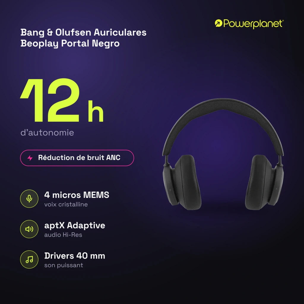 Bang & Olufsen Beoplay Portal noir, vue latérale: casque over-ear avec disque argenté et logo B&O sur fond sombre - Ítem9