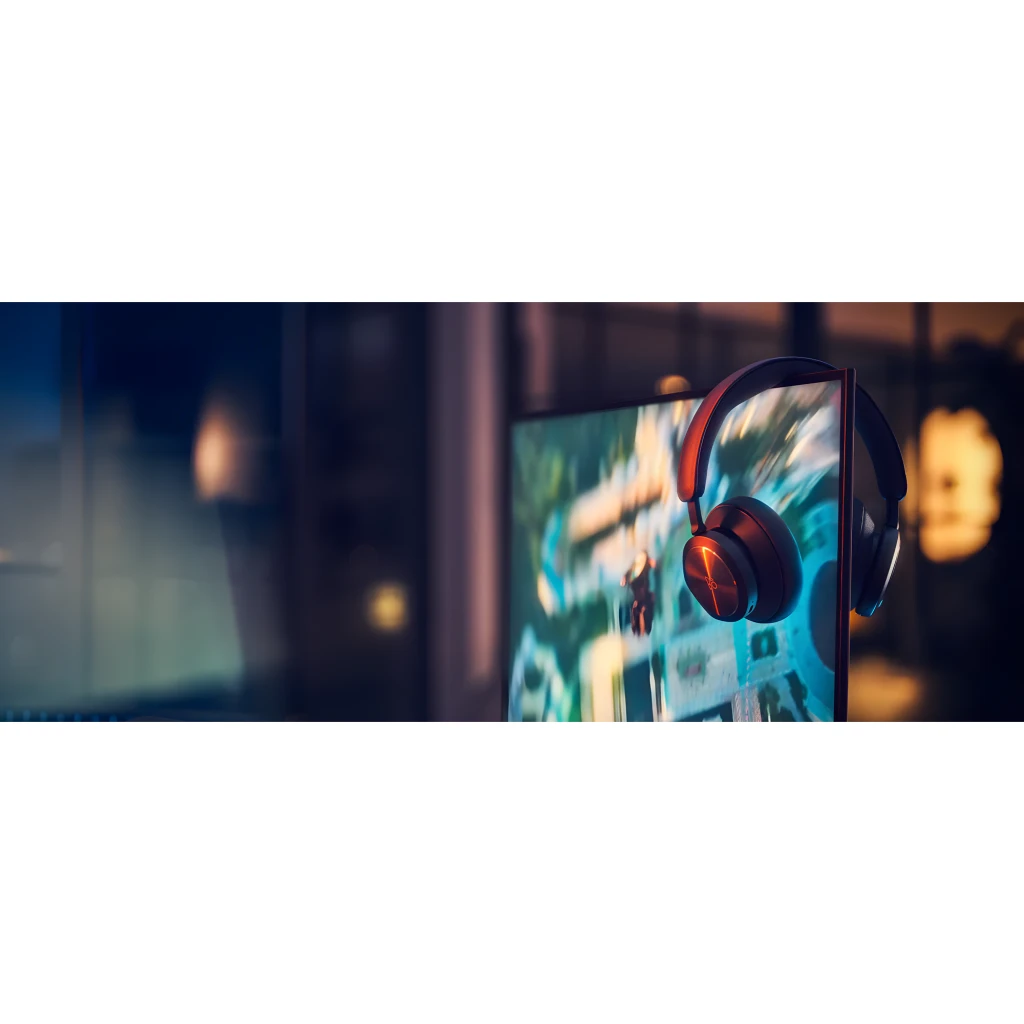 Bang & Olufsen Beoplay Portal noir, vue latérale: casque over-ear avec disque argenté et logo B&O sur fond sombre - Ítem3