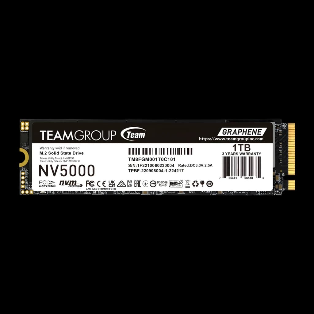 Team Group NV5000 1TB, vista frontal: SSD M.2 2280 preto com etiqueta grafeno, conector dourado PCIe 4.0