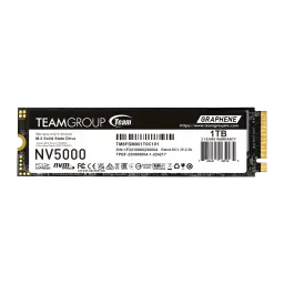 Team Group NV5000 1TB, vista frontal: SSD M.2 2280 preto com etiqueta grafeno, conector dourado PCIe 4.0