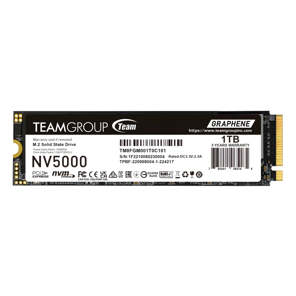 Team Group NV5000 1TB, vista frontal: SSD M.2 2280 preto com etiqueta grafeno, conector dourado PCIe 4.0 - Item1