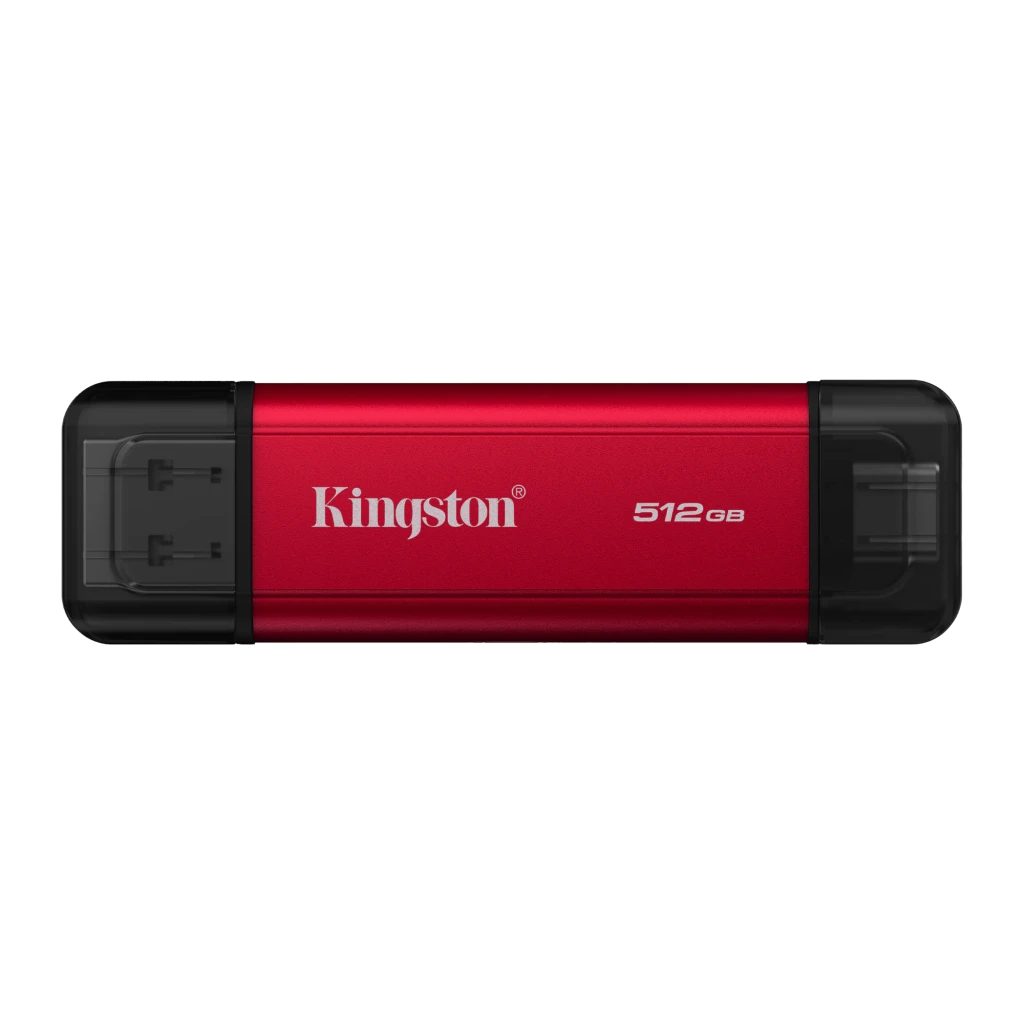 Kingston SPSD 512GB negro rojo, vista frontal: cuerpo rojo con logo Kingston, conectores USB-A y USB-C en extremos negros