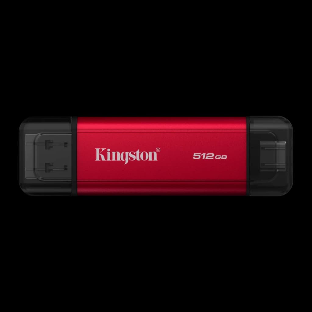 Kingston SPSD 512GB preto vermelho, vista frontal: corpo vermelho com logo Kingston, conectores USB-A e USB-C nas