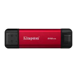 Kingston SPSD 512GB preto vermelho, vista frontal: corpo vermelho com logo Kingston, conectores USB-A e USB-C nas