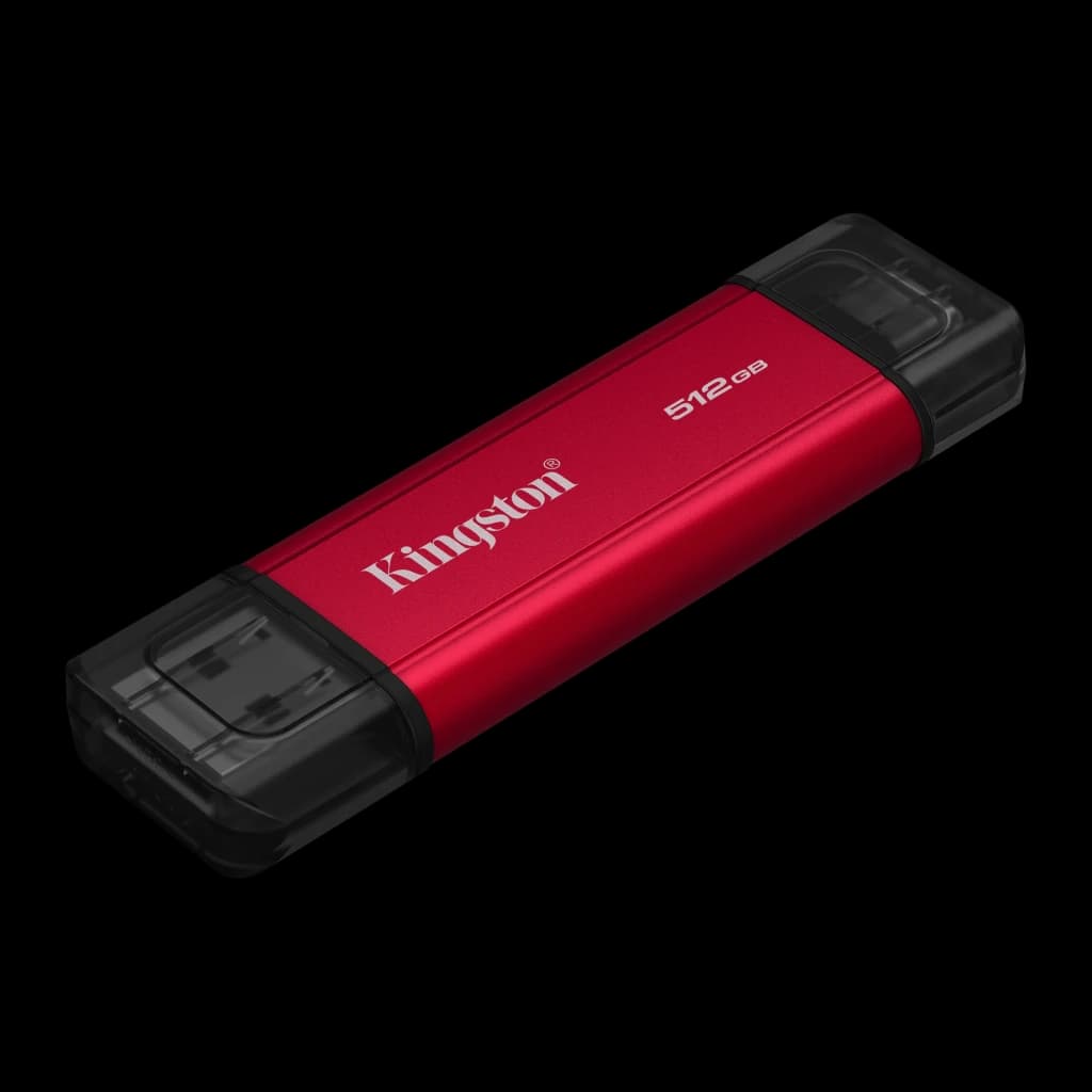 Kingston SPSD 512GB preto/vermelho, vista em perspectiva: corpo vermelho com logo Kingston, tampas pretas USB-A e USB-C
