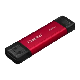 Kingston SPSD 512GB preto/vermelho, vista em perspectiva: corpo vermelho com logo Kingston, tampas pretas USB-A e USB-C