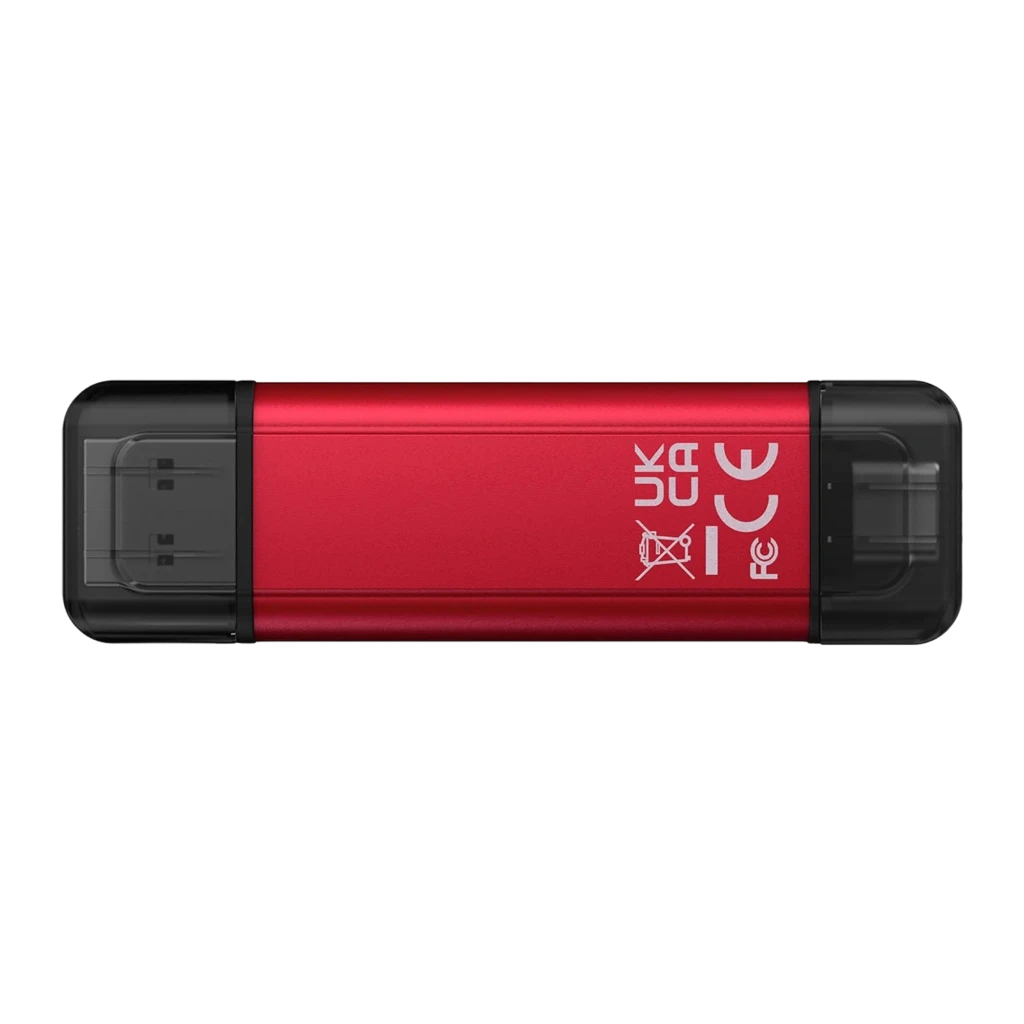 Kingston SPSD 512GB negro/rojo, vista trasera: cuerpo rojo con certificaciones CE y UKCA, conectores USB-A y USB-C en negro