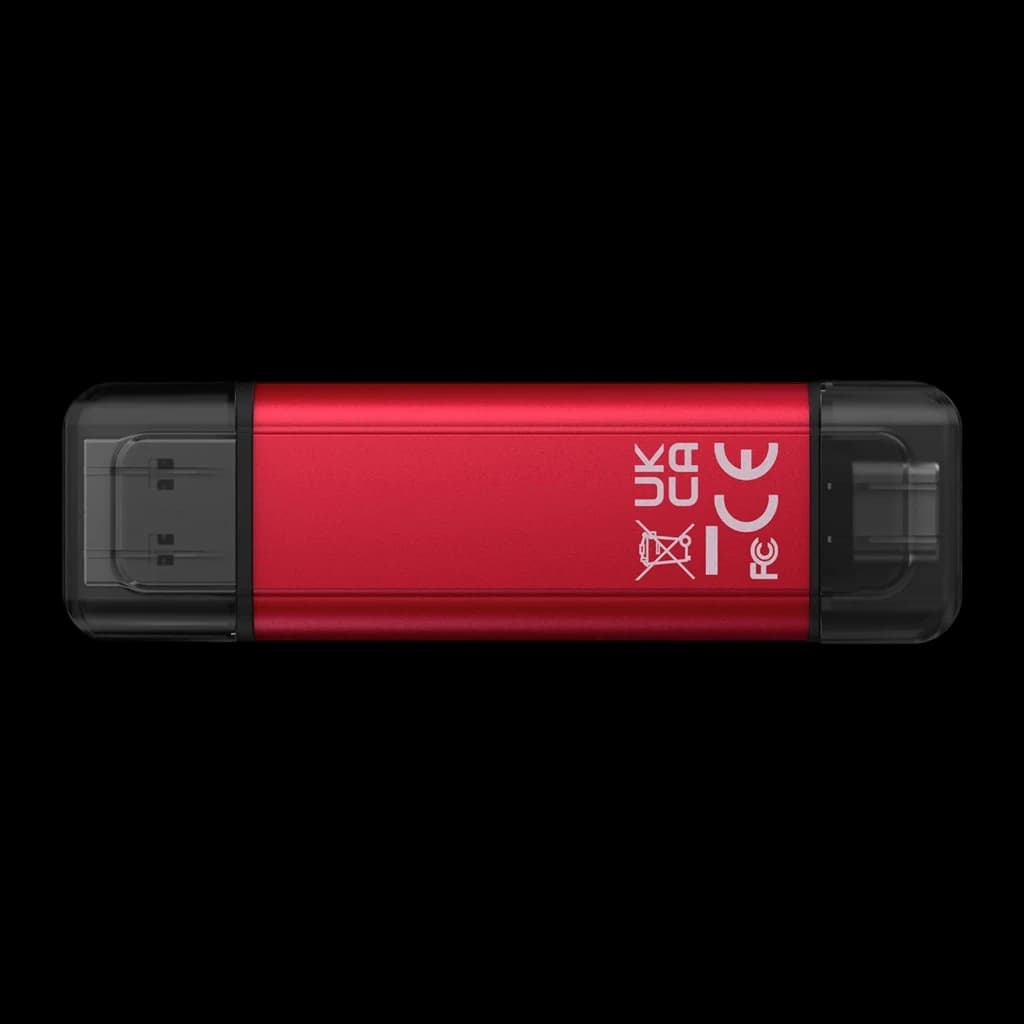 Kingston SPSD 512GB preto/vermelho, vista traseira: corpo vermelho com certificações CE e UKCA, conectores USB-A e USB-C em