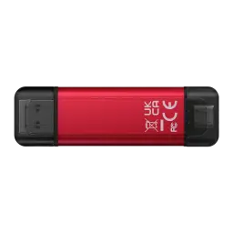 Kingston SPSD 512GB preto/vermelho, vista traseira: corpo vermelho com certificações CE e UKCA, conectores USB-A e USB-C em