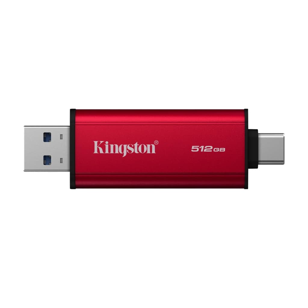 Kingston SPSD 512GB preto vermelho, vista lateral: conectores USB-A e USB-C visíveis em ambas as extremidades