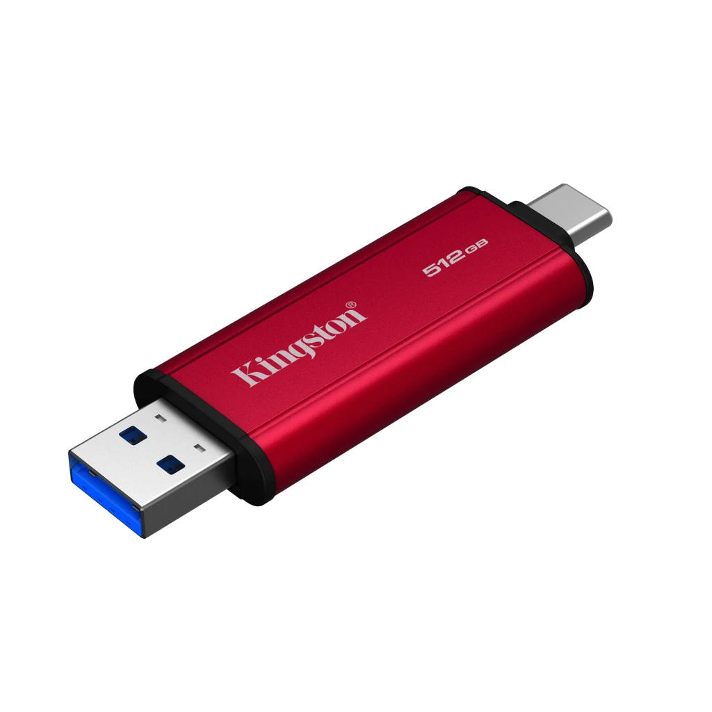 Kingston SPSD 512GB negro rojo, vista lateral: conector USB-A y USB-C visibles en extremos opuestos del cuerpo metálico rojo