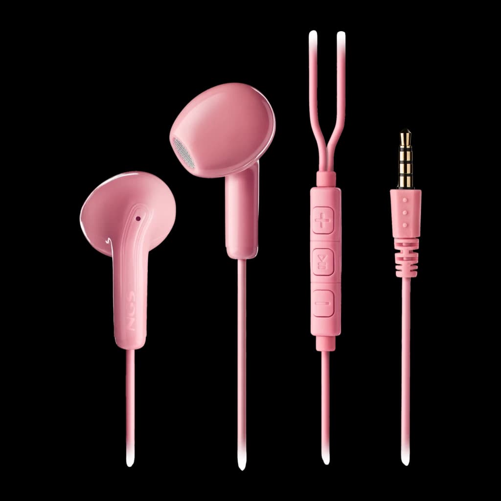NGS Cross Flip Jack 3.5 Rose, vue détail: écouteurs intra-auriculaires avec télécommande trois boutons et connecteur jack