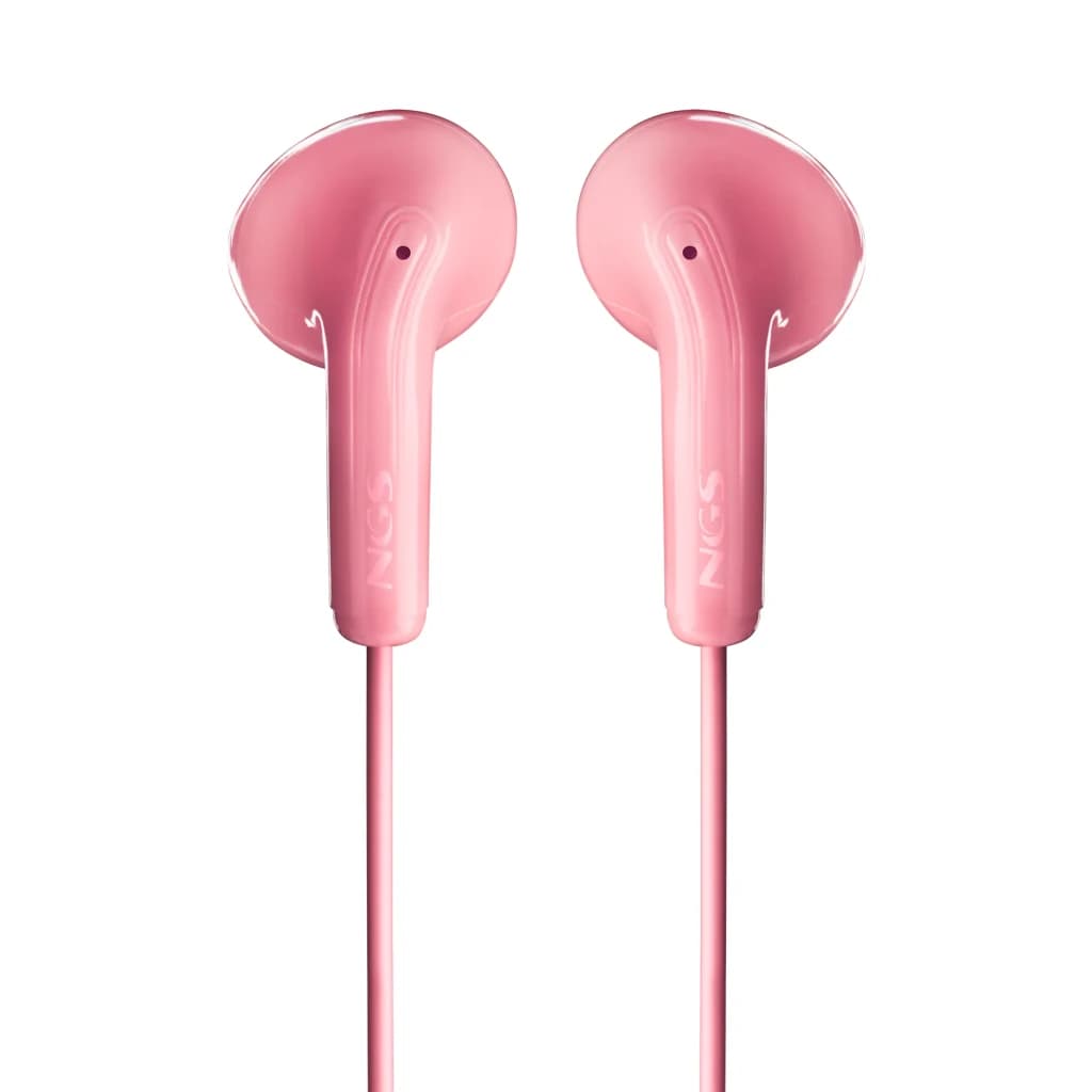 NGS Cross Flip Jack 3.5 rose, vue de face: deux écouteurs intra-auriculaires avec logo NGS et câble rose