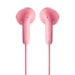 NGS Cross Flip Jack 3.5 rose, vue de face: deux écouteurs intra-auriculaires avec logo NGS et câble rose