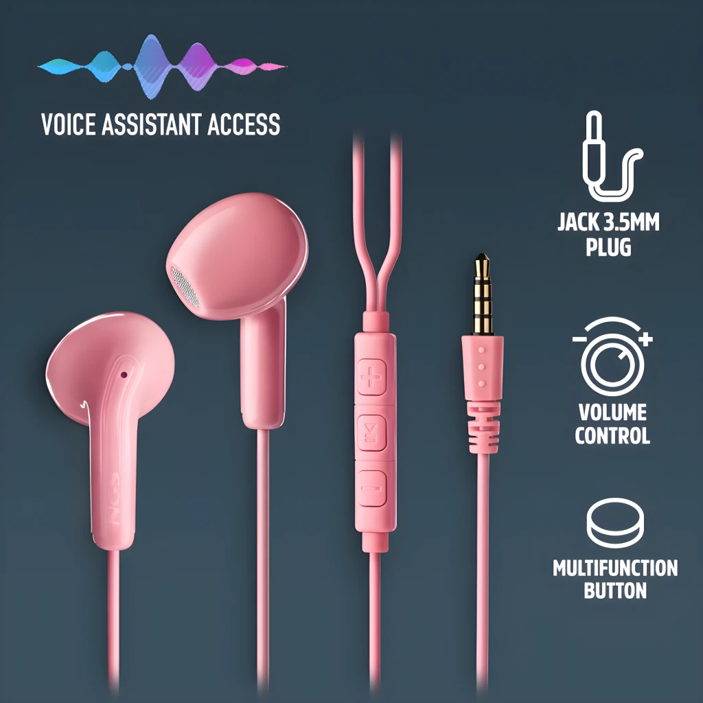NGS Cross Flip Jack 3.5 Rosa, vista detalhe: auriculares in-ear com comando de três botões e conector jack dourado - Item6