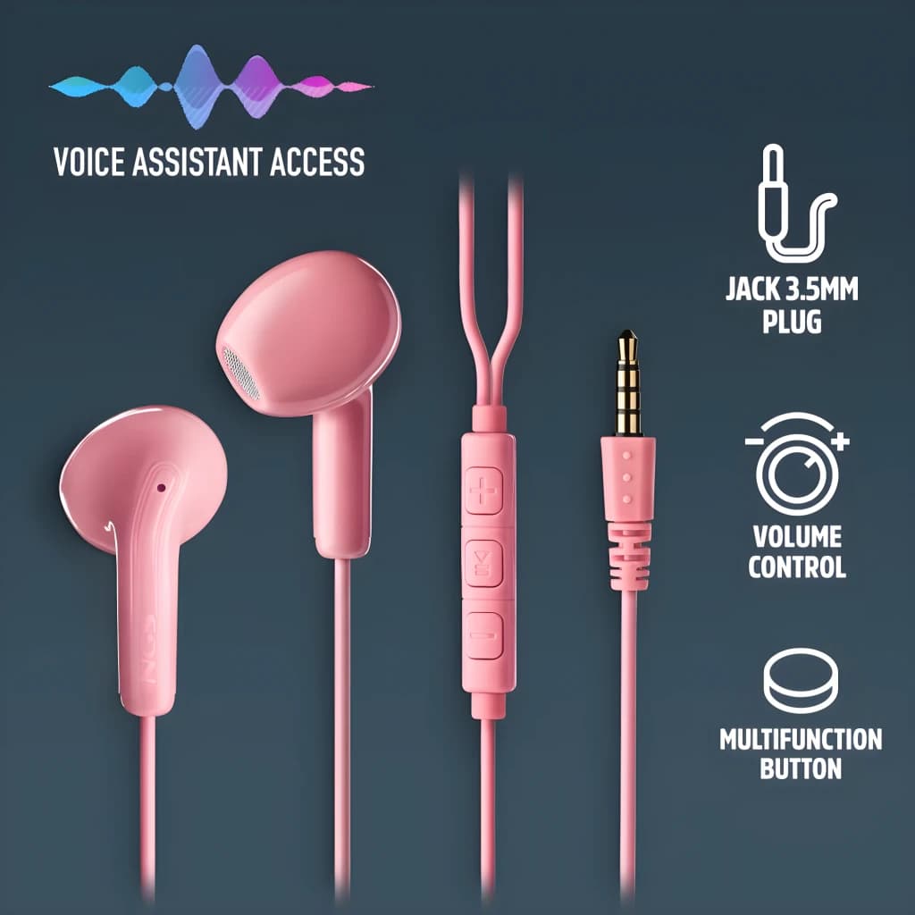 NGS Cross Flip Jack 3.5 Rose, infographie: écouteurs filaires avec télécommande en ligne, jack 3.5mm doré et accès assistant