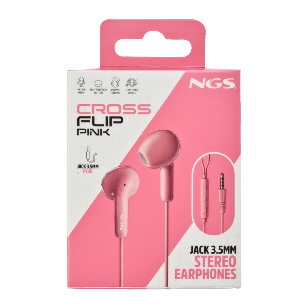 NGS Cross Flip Jack 3.5 Rosa, vista detalhe: auriculares in-ear com comando de três botões e conector jack dourado - Item7
