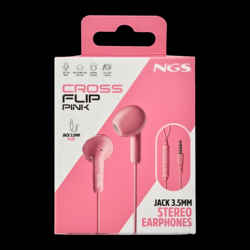 NGS Cross Flip Jack 3.5 Rose, boîte face avant: emballage avec écouteurs et télécommande avec câble