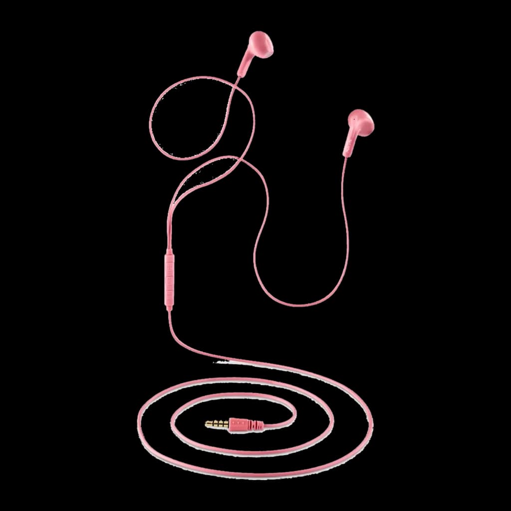 NGS Cross Flip Jack 3.5 Rose, vue de face: écouteurs intra-auriculaires roses avec câble plat, micro intégré et jack doré