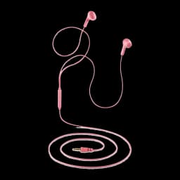NGS Cross Flip Jack 3.5 Rose, vue de face: écouteurs intra-auriculaires roses avec câble plat, micro intégré et jack doré