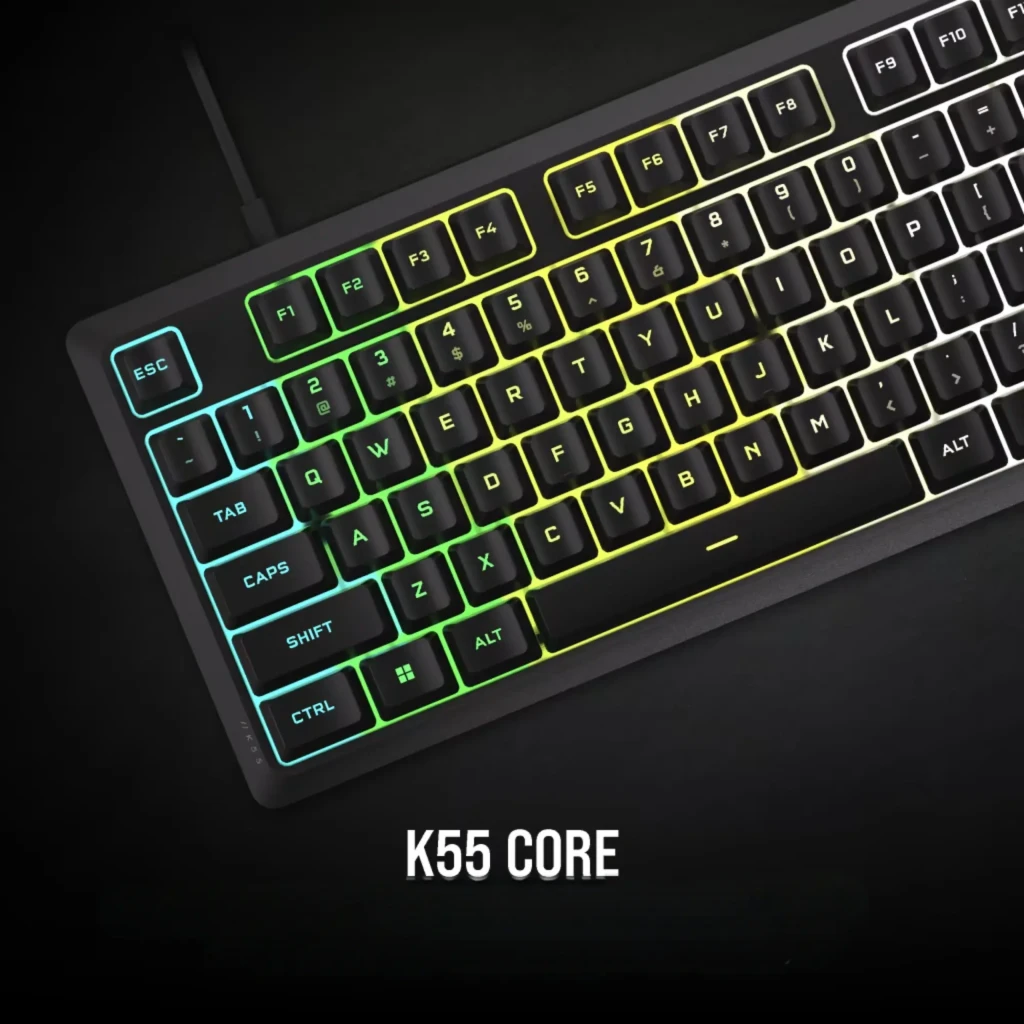 Corsair K55 CORE RGB Preto, vista superior: teclado completo com retroiluminação RGB multicolor e roda de volume - Item2