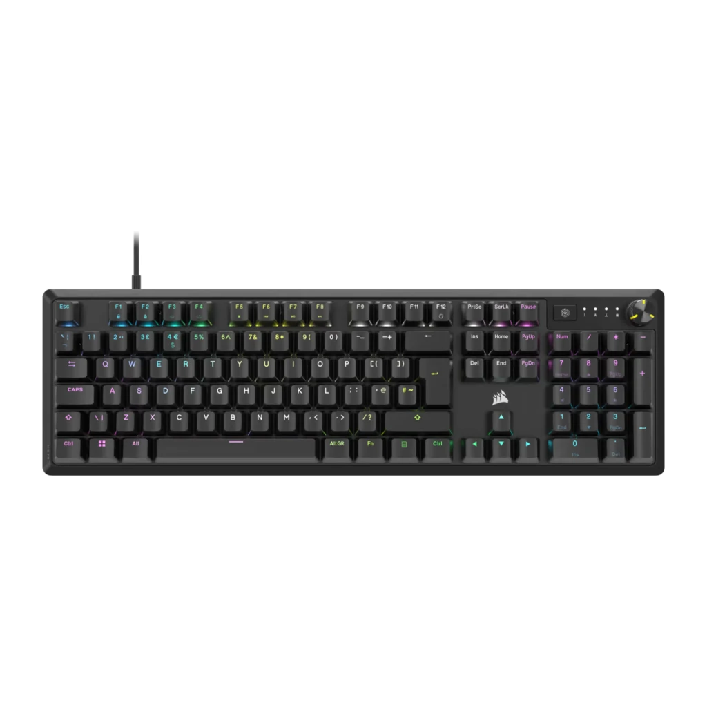 Corsair K55 CORE RGB Preto, vista superior: teclado completo com retroiluminação RGB multicolor e roda de volume - Item1