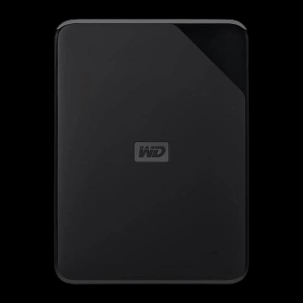 WD Elements SE 2TB noir, vue de face: surface mate avec logo WD centré et coin supérieur brillant