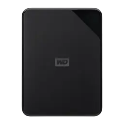WD Elements SE 2TB noir, vue de face: surface mate avec logo WD centré et coin supérieur brillant