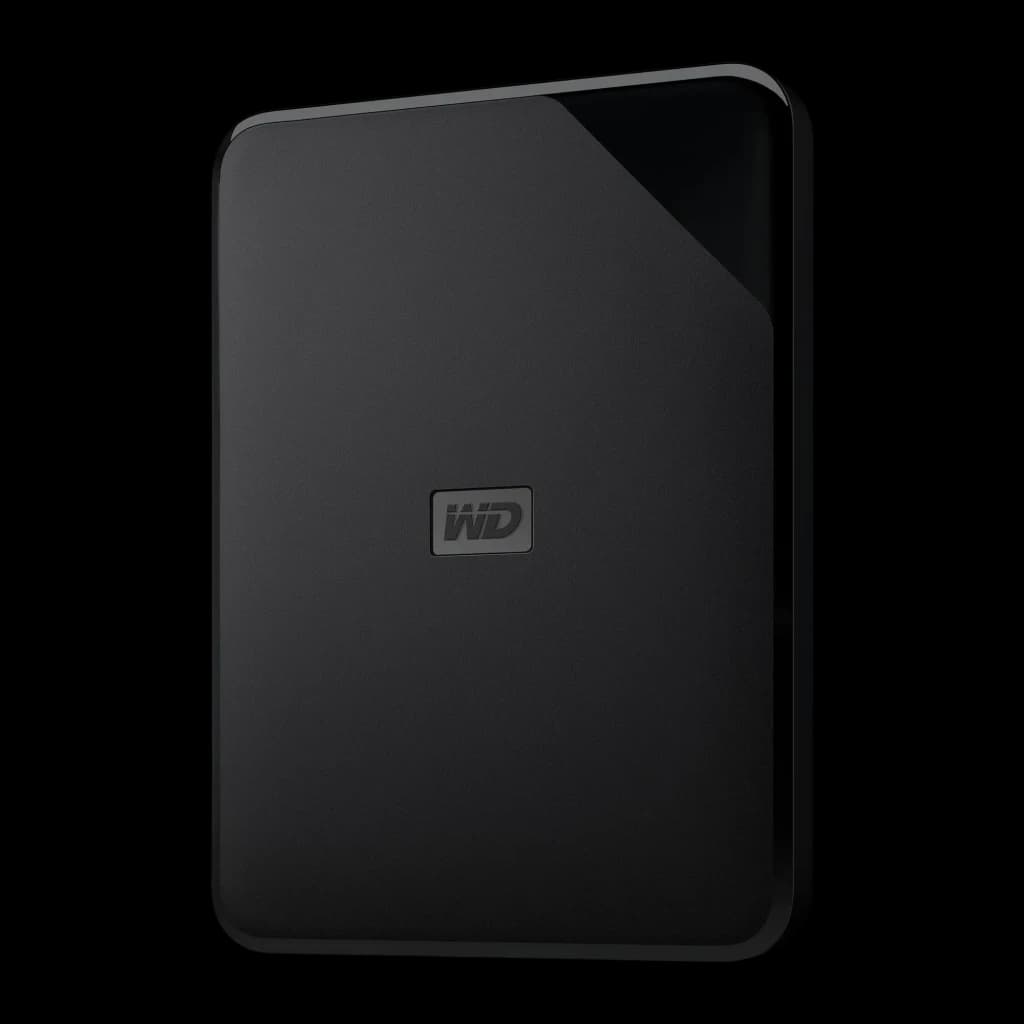 WD Elements SE 2TB noir, vue de face en angle: perspective trois quarts montrant l'épaisseur et le coin brillant