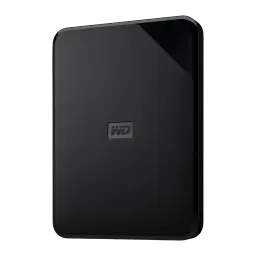 WD Elements SE 2TB noir, vue de face en angle: perspective trois quarts montrant l'épaisseur et le coin brillant