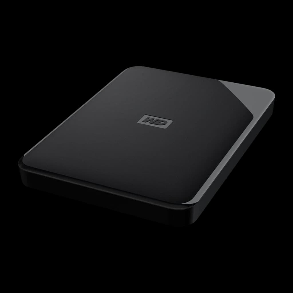 WD Elements SE 2TB noir, vue de dessus en perspective: disque à plat montrant le couvercle, tranche grise et profil fin