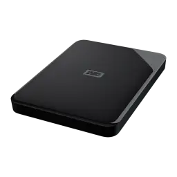 WD Elements SE 2TB noir, vue de dessus en perspective: disque à plat montrant le couvercle, tranche grise et profil fin