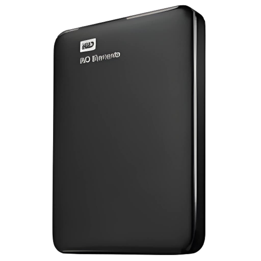 WD Elements Portable 2TB noir, vue en angle: boîtier noir mat avec logo WD Elements en relief et bords argentés