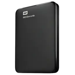 WD Elements Portable 2TB noir, vue en angle: boîtier noir mat avec logo WD Elements en relief et bords argentés