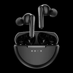 Belkin SoundForm Rhythm ANC True Wireless noir, vue avant: écouteurs sortis du boîtier ouvert avec indicateurs LED