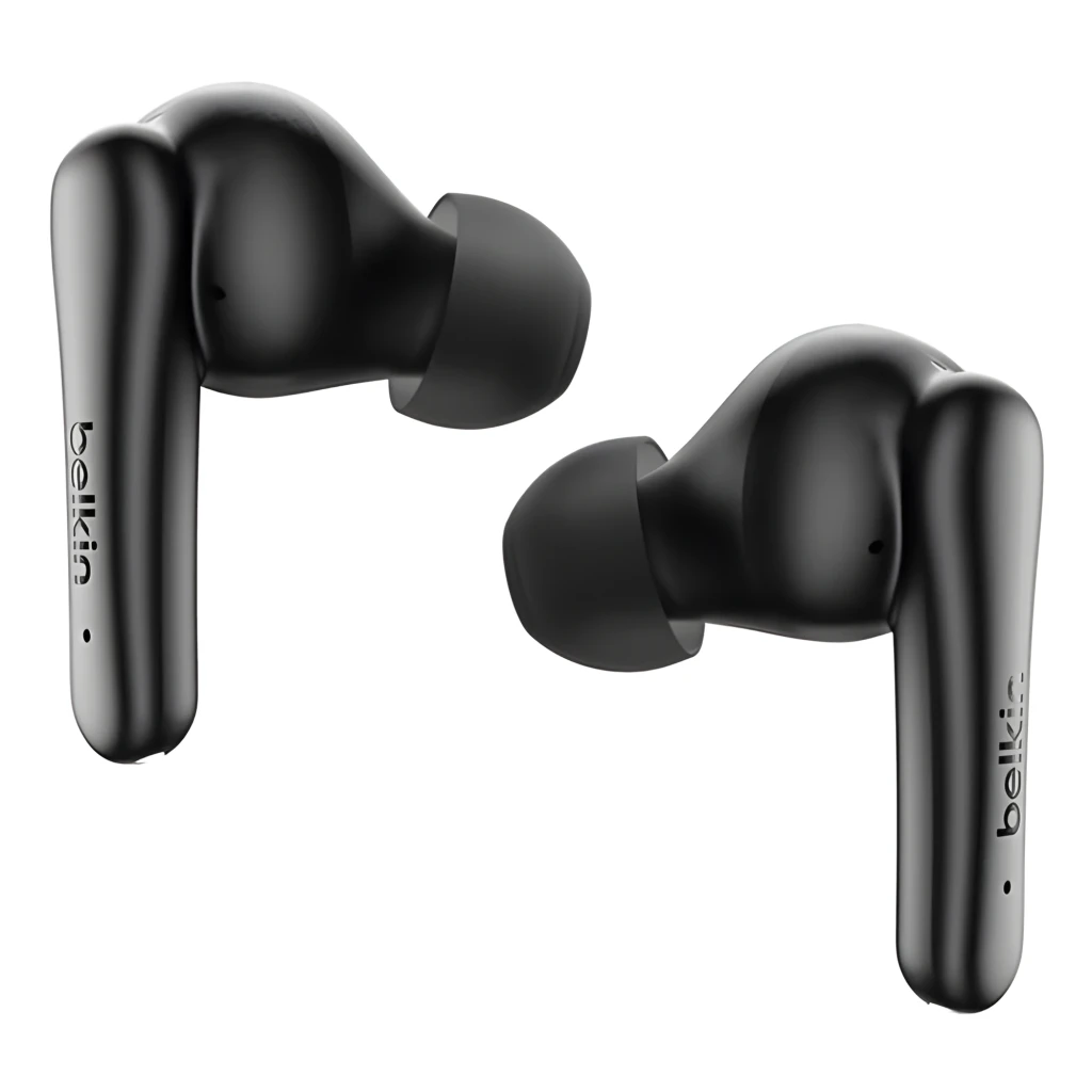 Belkin SoundForm Rhythm ANC True Wireless negro, vista frontal: auriculares extraídos del estuche abierto con indicadores LED - Ítem1