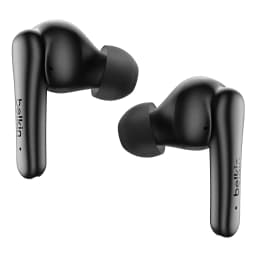 Belkin SoundForm Rhythm ANC True Wireless noir, vue avant: les deux écouteurs flottants avec logo Belkin et embouts en