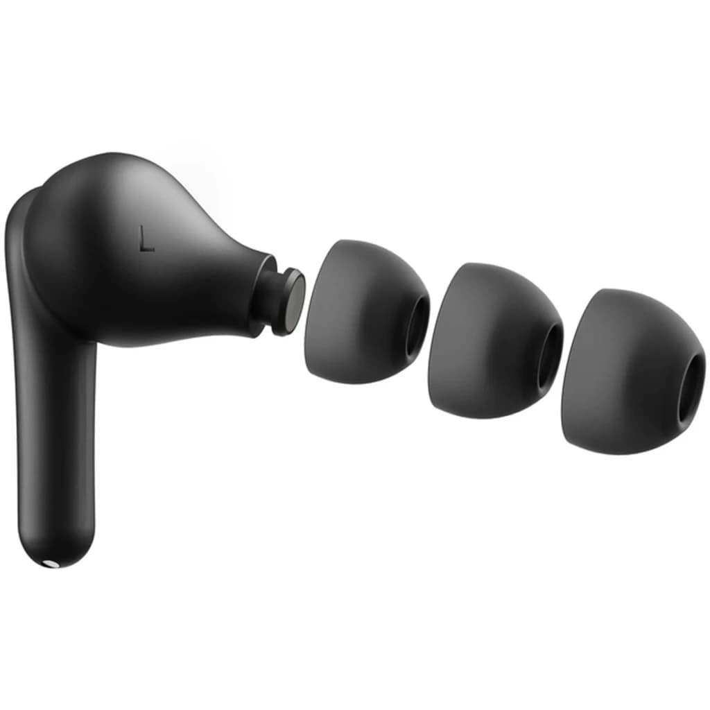 Belkin SoundForm Rhythm ANC True Wireless noir, détail: écouteur gauche avec 3 embouts interchangeables de tailles