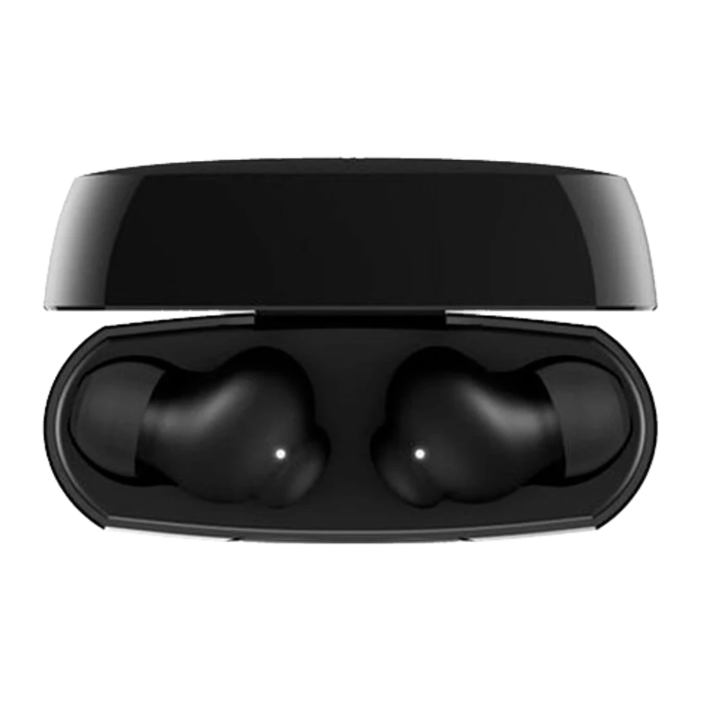 Belkin SoundForm Rhythm ANC True Wireless negro, vista frontal: auriculares extraídos del estuche abierto con indicadores LED - Ítem3