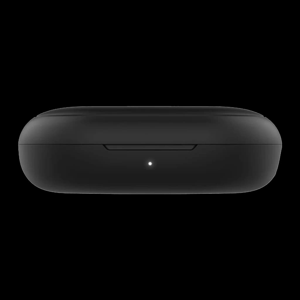 Belkin SoundForm Rhythm ANC True Wireless noir, vue de face: étui fermé avec LED indicateur et fente d'ouverture